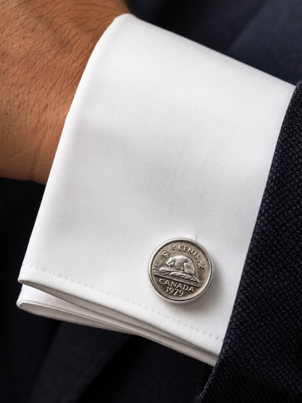 Canadian 5 Cent Beaver Coin Cufflinks 1979 & 2008 Silver Tone Reworked